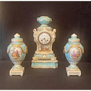 A Fine Antique Kpm Berlin Porcelain 3 Piece Clock Set Circa 19th Century