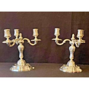 Pair 19th C Antique French Odiot Paris Sterling Silver Three Light Candelabra