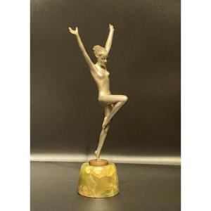 Danseuse Art Déco En Bronze Argenté Aux Bras étendus Par Josef Lorenzl, Vers 1920