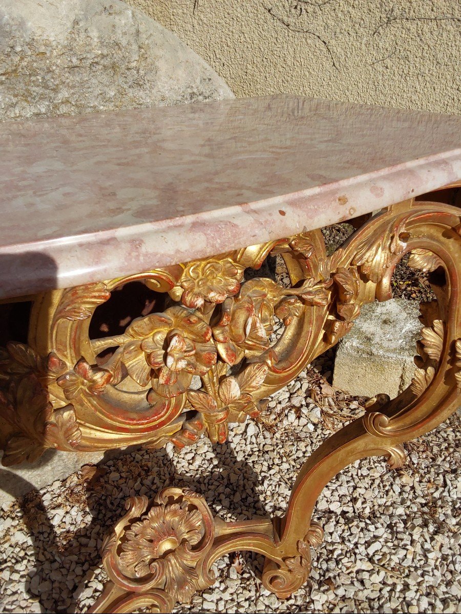 Console En Bois Sculpte Et Dore  D Epoque Louis XV.   XVIII Dessus Marbre-photo-2