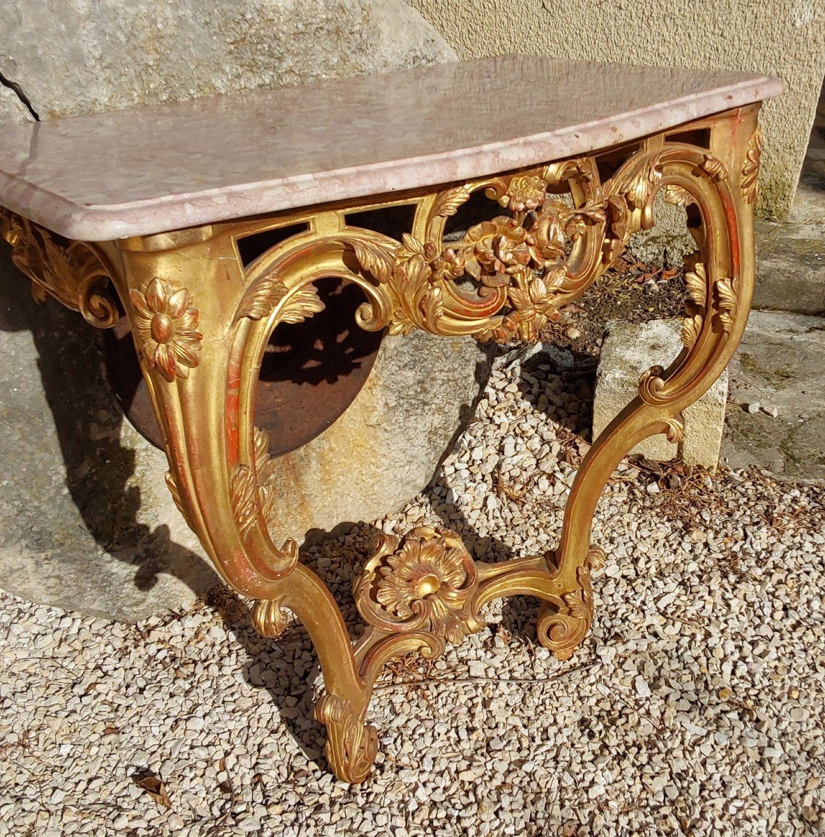 Console En Bois Sculpte Et Dore  D Epoque Louis XV.   XVIII Dessus Marbre