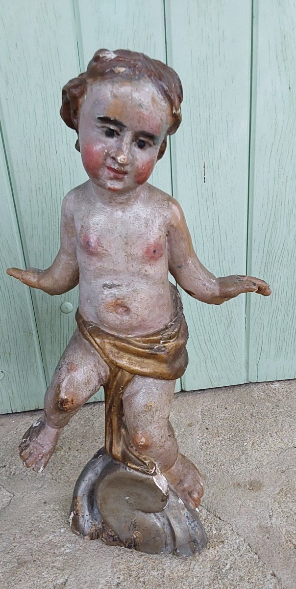 Paire De Putti En Bois Sculpte Et Laqué Travail Italien Fin XVIIeme-photo-2