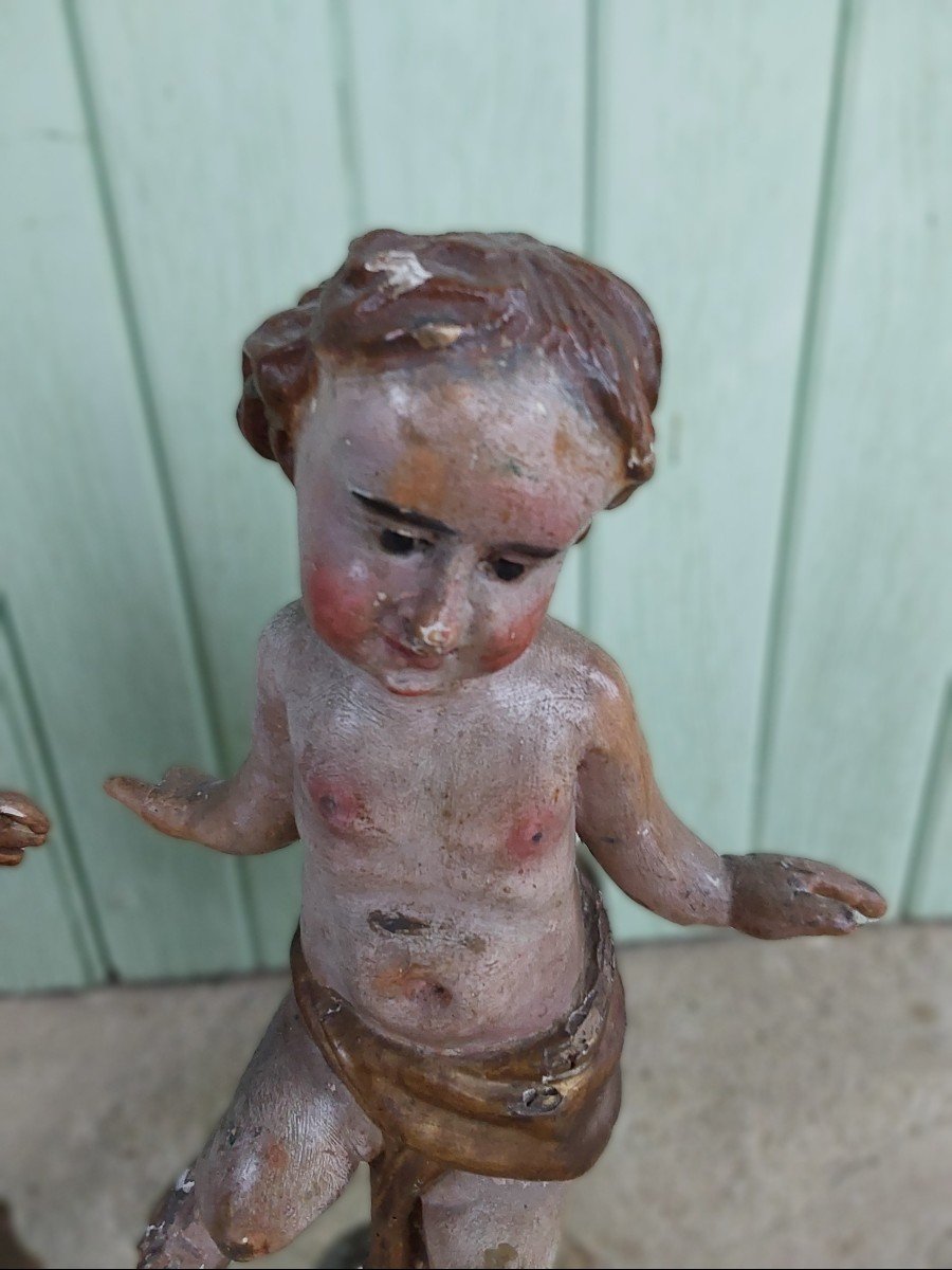 Paire De Putti En Bois Sculpte Et Laqué Travail Italien Fin XVIIeme-photo-3