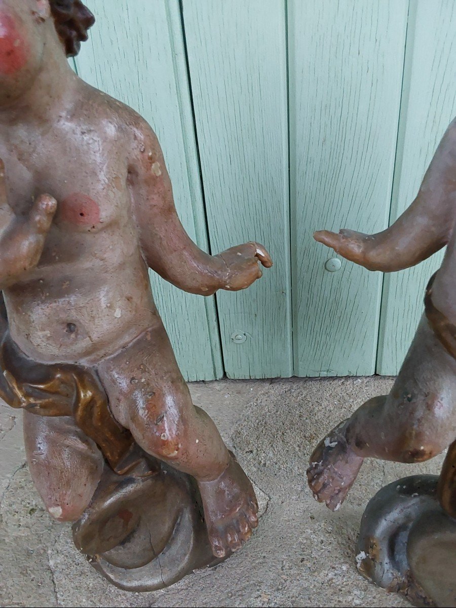 Paire De Putti En Bois Sculpte Et Laqué Travail Italien Fin XVIIeme-photo-4