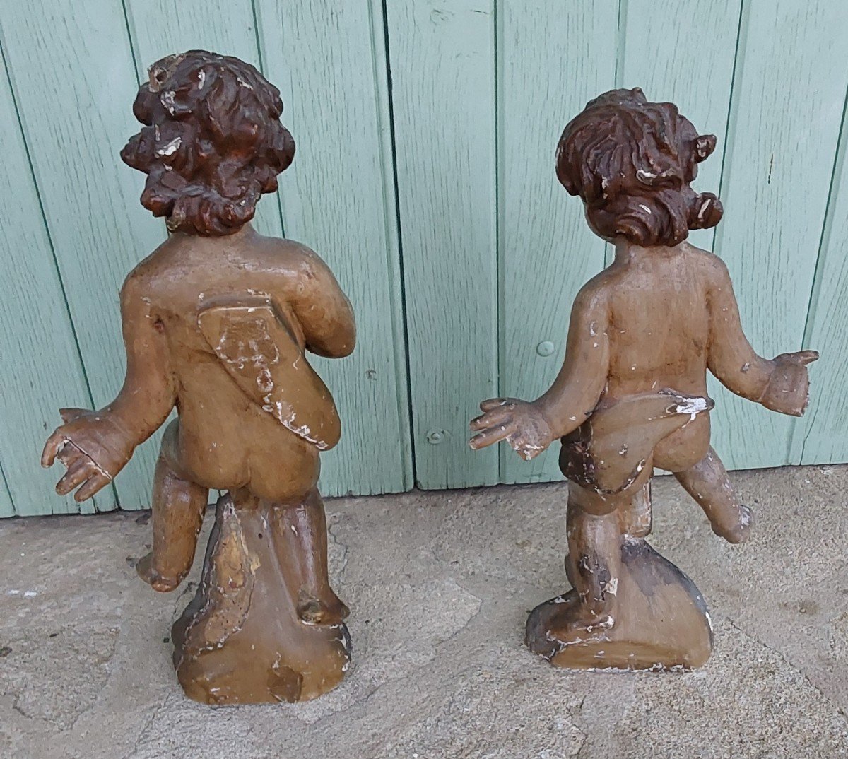 Paire De Putti En Bois Sculpte Et Laqué Travail Italien Fin XVIIeme-photo-2