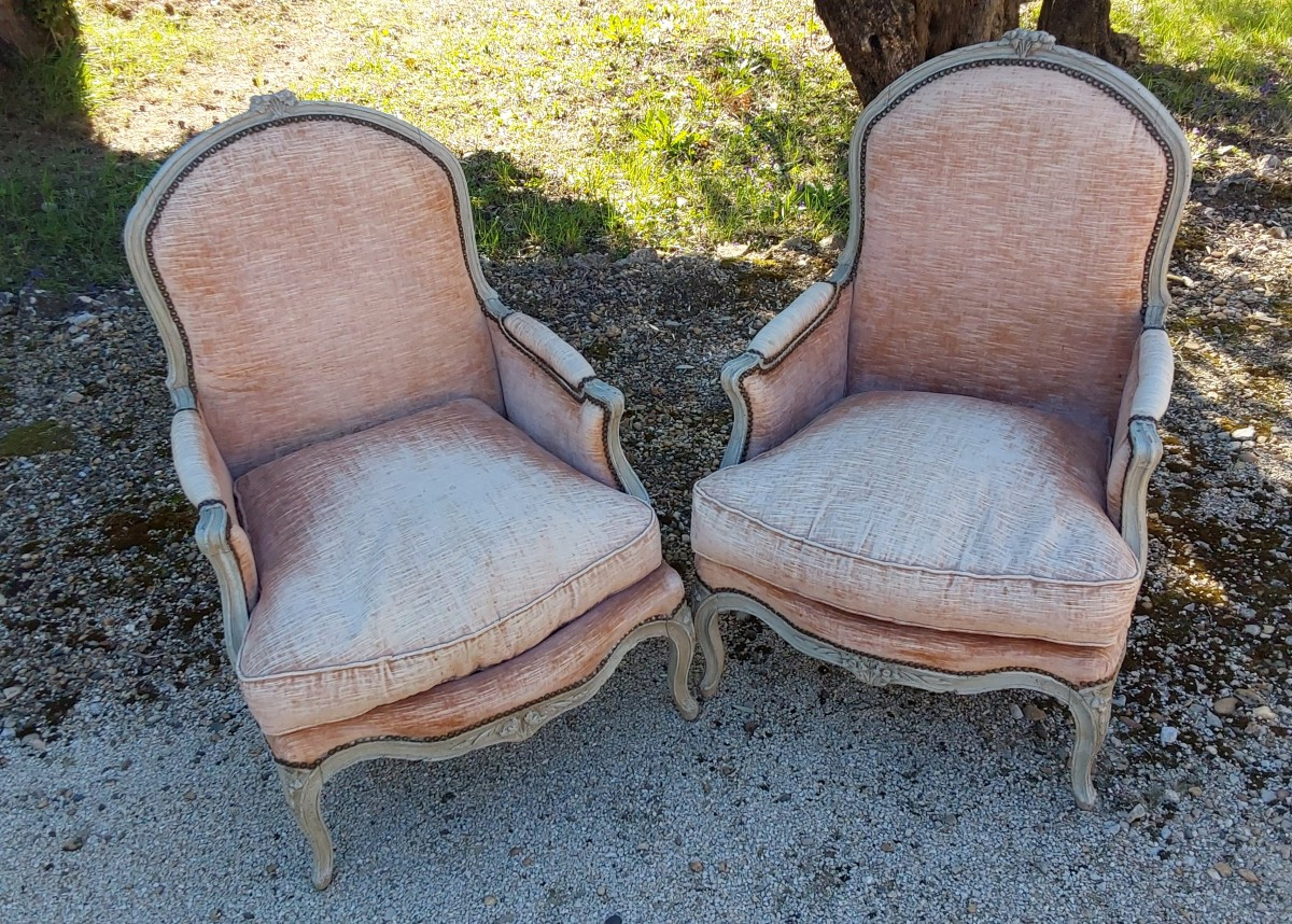 Pair Of Wooden Bergeres With Molding And Lacquer, Louis XV Period, 18th Century