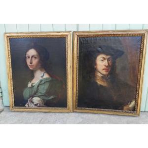 Paire De Portraits Huiles Sur Toile Jeune Couple Italien Fin XVIIIeme