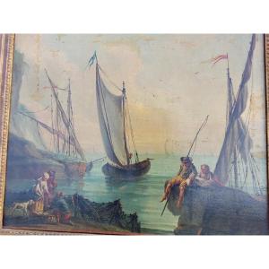 Large Oil On Canvas Port Scene Circa 1800