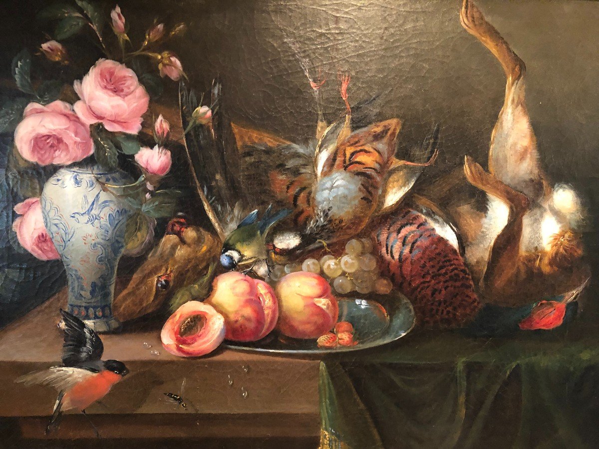 Nature Morte Aux Pèches, Gibier Et Fleurs Huile Sur Toile-photo-2