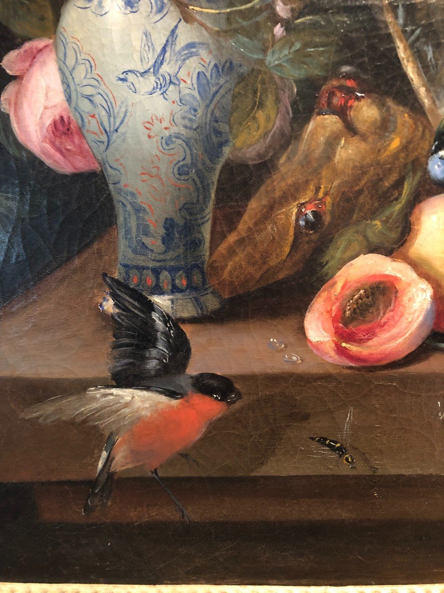 Nature Morte Aux Pèches, Gibier Et Fleurs Huile Sur Toile-photo-3