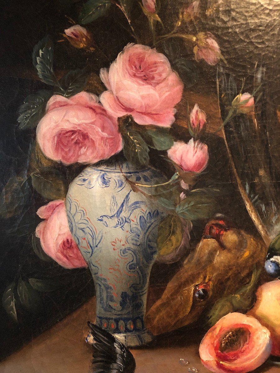 Nature Morte Aux Pèches, Gibier Et Fleurs Huile Sur Toile-photo-4