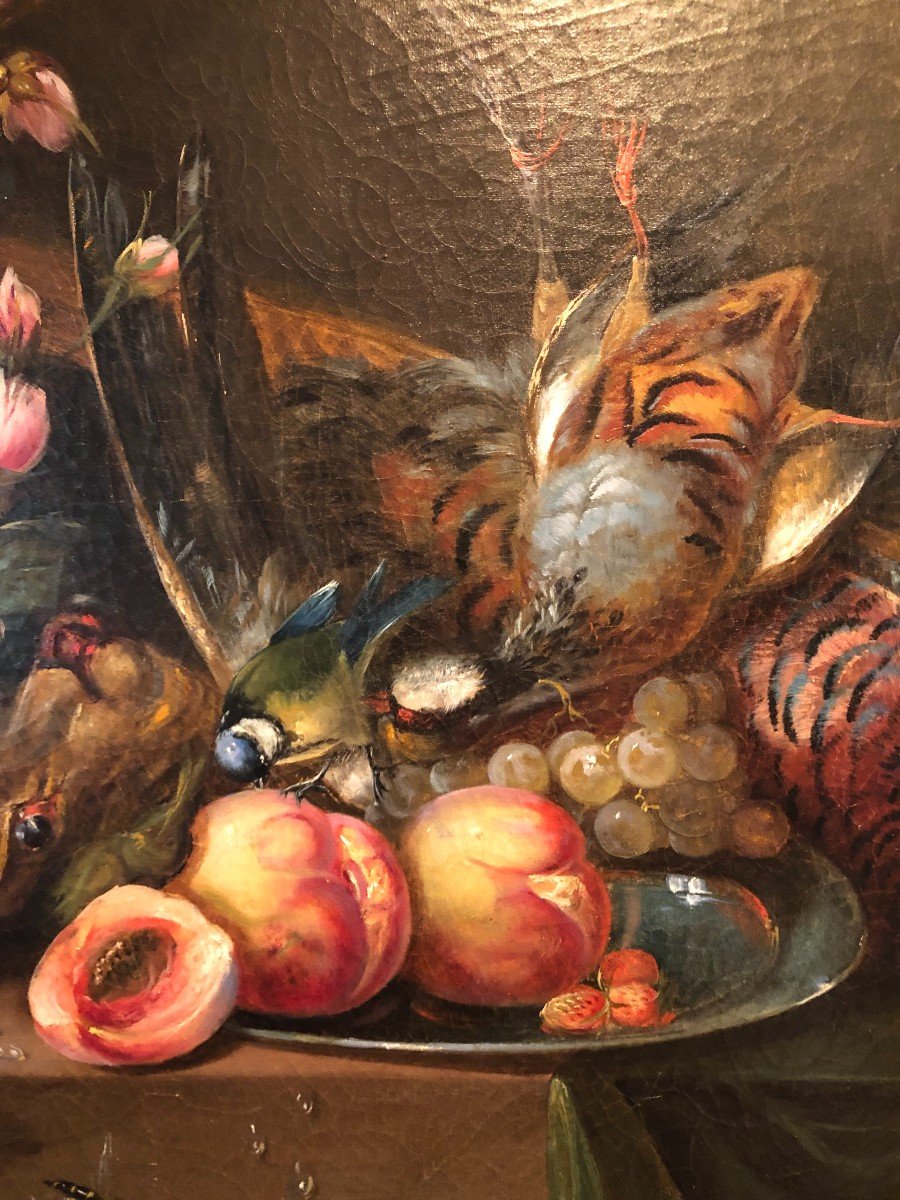 Still Life With Peaches, Game And Flowers Oil On Canvas-photo-1