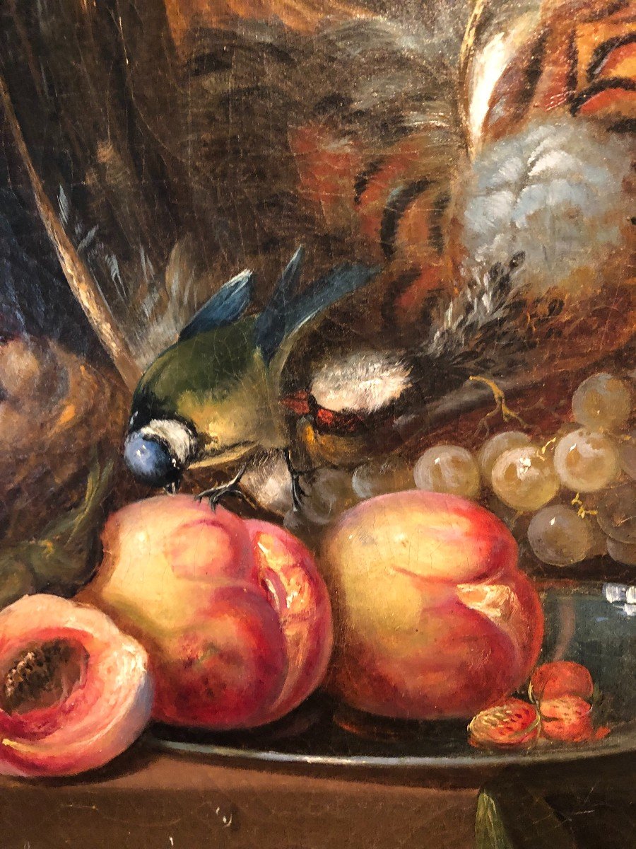 Nature Morte Aux Pèches, Gibier Et Fleurs Huile Sur Toile-photo-2