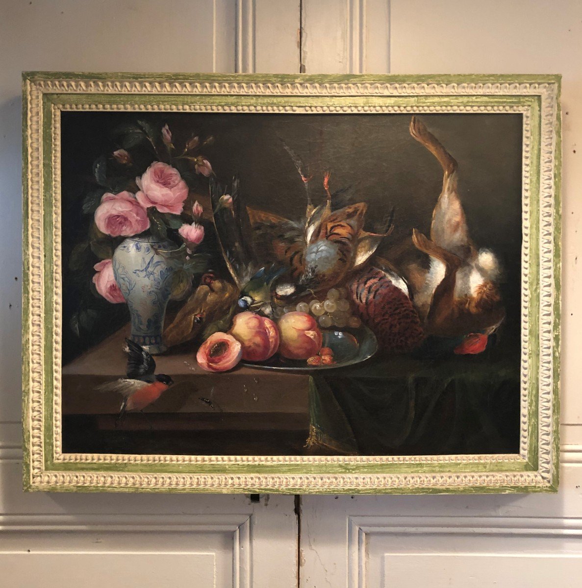 Nature Morte Aux Pèches, Gibier Et Fleurs Huile Sur Toile