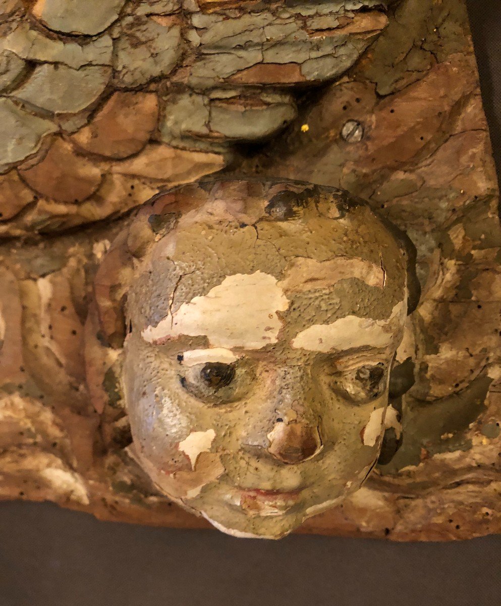 Four Angel Heads In Polychrome Carved Wood, 18th Century-photo-4