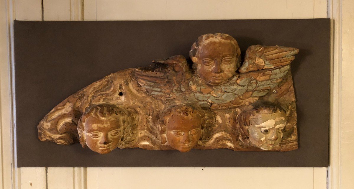 Four Angel Heads In Polychrome Carved Wood, 18th Century