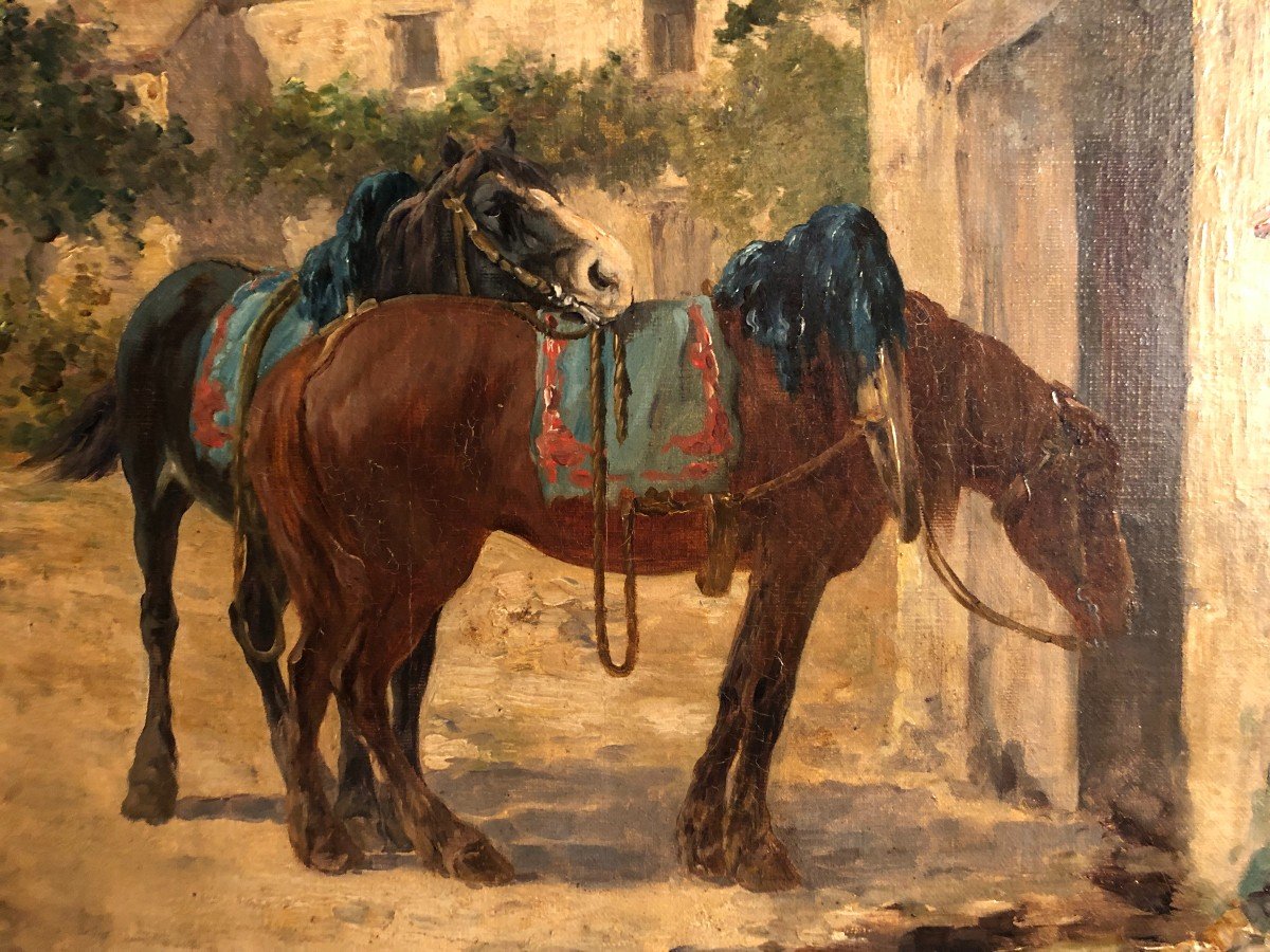 "accolade De Chevaux" Signé G. Calves Huile Sur Toile-photo-3