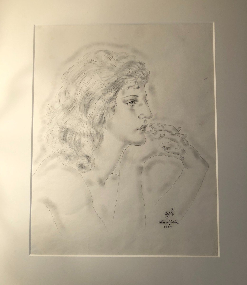 Drawing Profile Of Young Woman "jacqueline" Signed Foujita And Dated 1929-photo-2