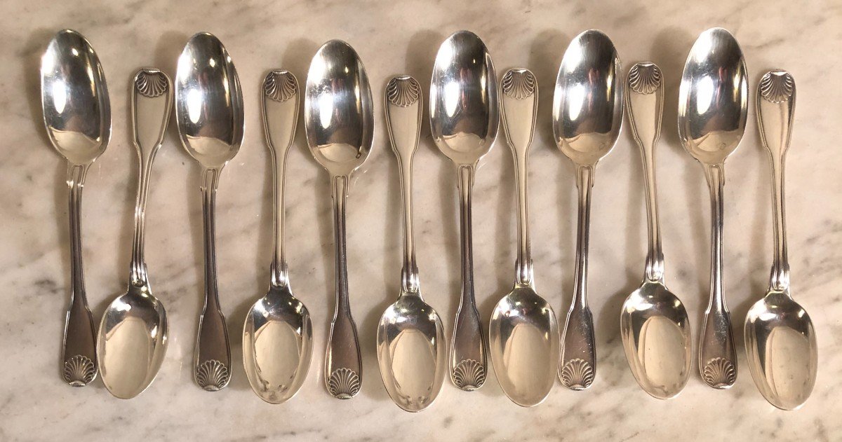 Suite Of Twelve Small “shell Fillet” Spoons In Sterling Silver 