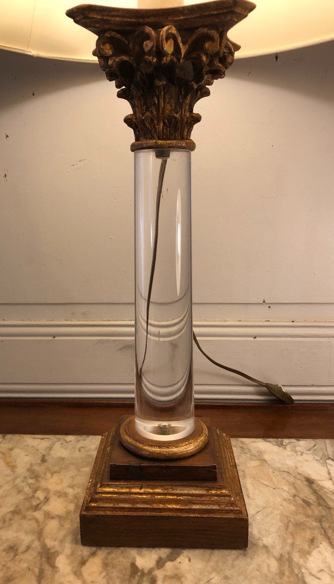 Column Lamp With Corinthian Capital In Golden Wood And Plexiglas  -photo-2