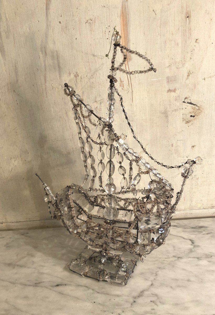 Ex Voto Bateau En Perles Et Pampilles De Verres XIX&deg; Si&egrave;cle -photo-3