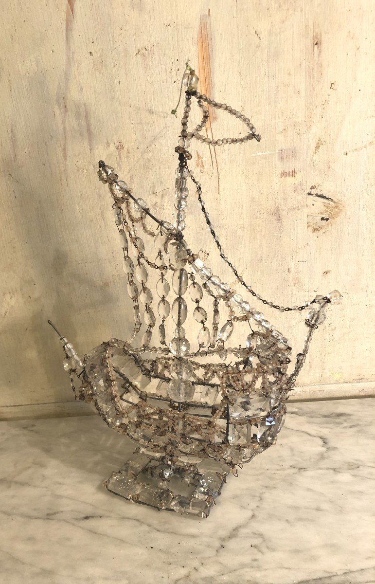 Ex Voto Bateau En Perles Et Pampilles De Verres XIX&deg; Si&egrave;cle -photo-4