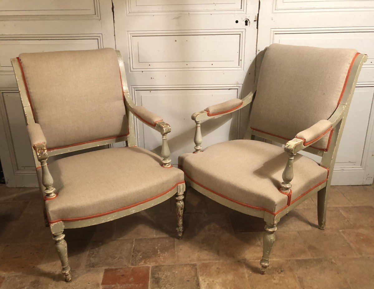 Pair Of Directoire Armchairs In Gray Lacquered Wood Late 18th Century 