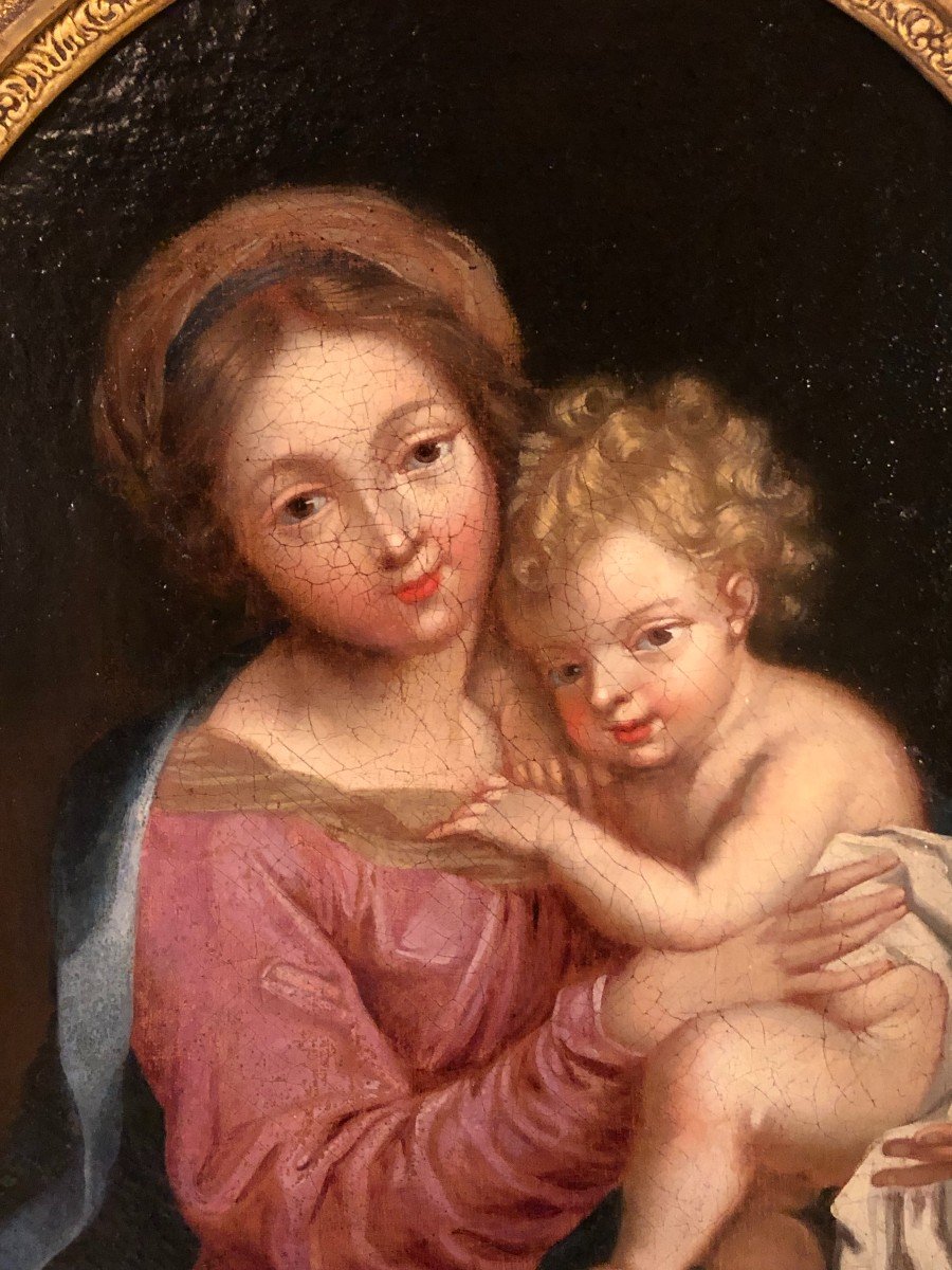 Vierge à l'Enfant Huile Sur Toile XVIII° Siècle-photo-3