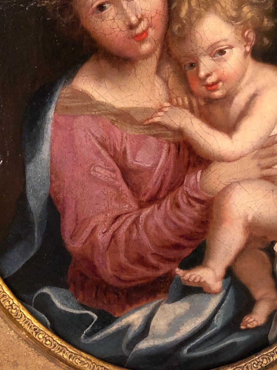 Vierge à l'Enfant Huile Sur Toile XVIII° Siècle-photo-1