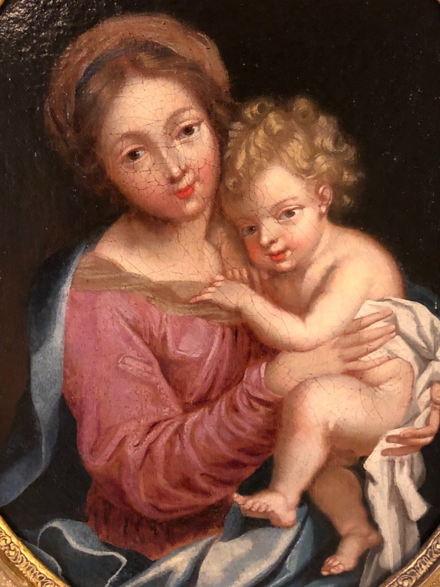 Vierge à l'Enfant Huile Sur Toile XVIII° Siècle-photo-2