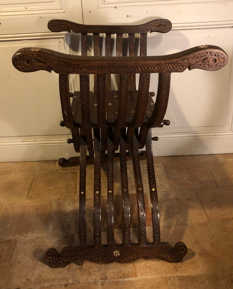 Curule Syrian Walnut Seat Inlaid With Mother-of-pearl Circa 1900-photo-8