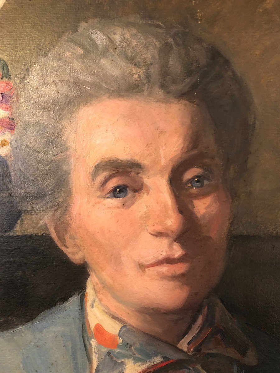 Oil On Cardboard Portrait Of Woman In Blue Circa 1940-photo-3