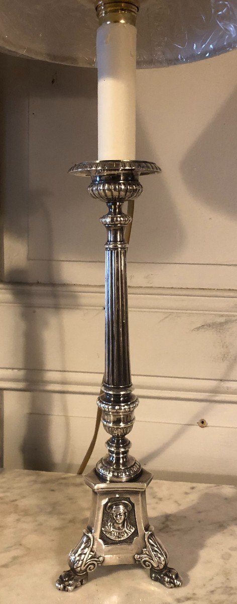 Pair Of Silver Plated Bronze Candlesticks Lamps -photo-3