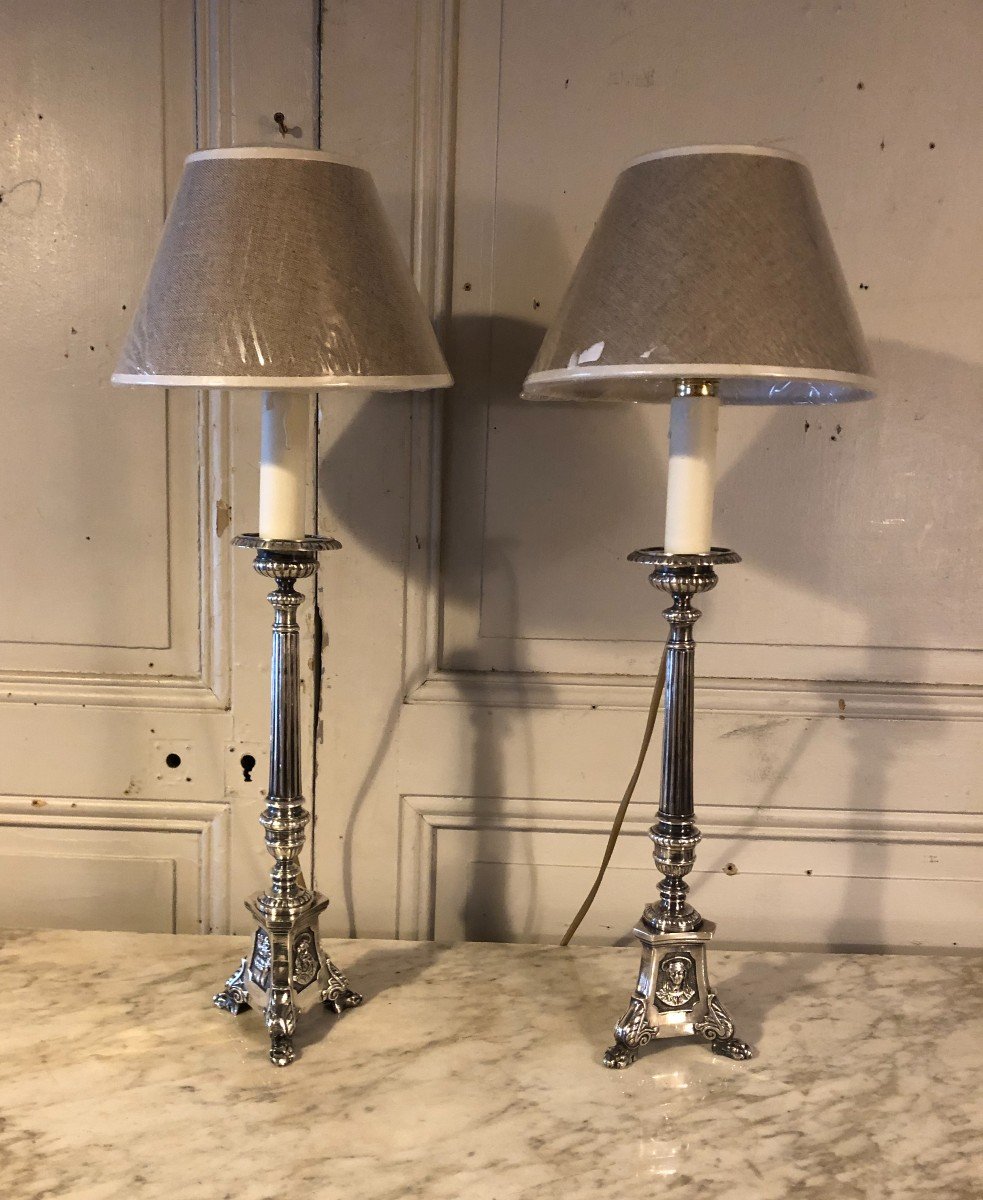 Pair Of Silver Plated Bronze Candlesticks Lamps 