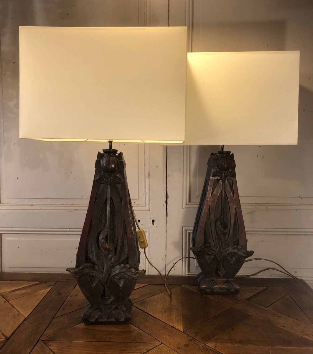 Grande Paire De Lampes Art-nouveau Aux Chardons Vers 1900