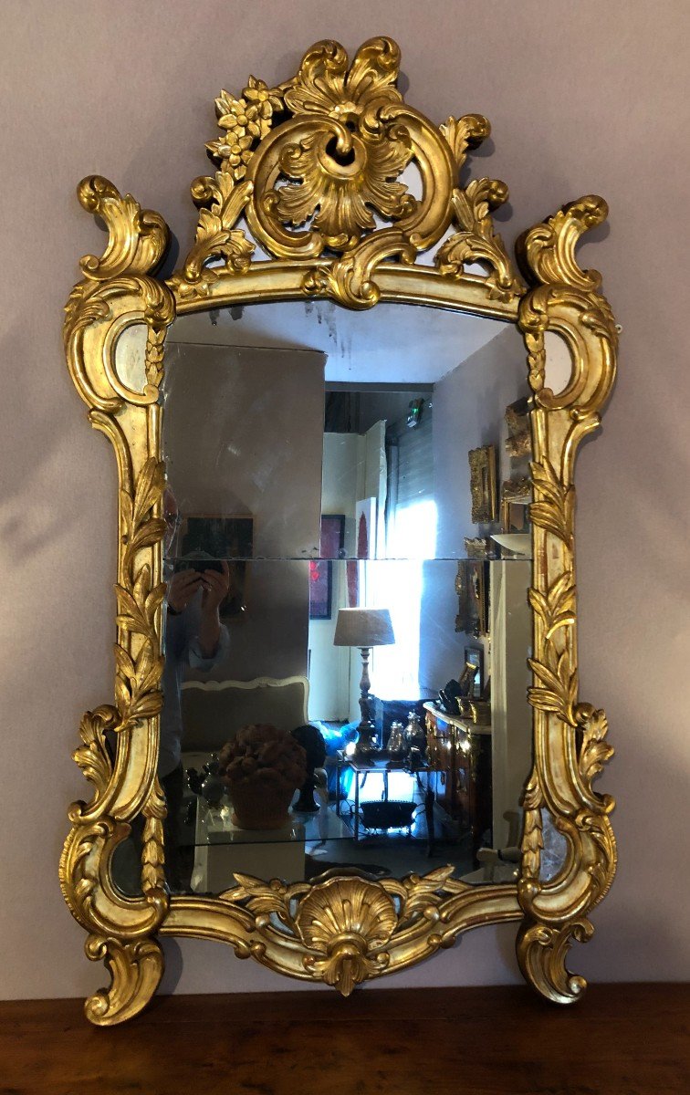 Louis XV Mirror With Glazing Beads In Gilded Wood