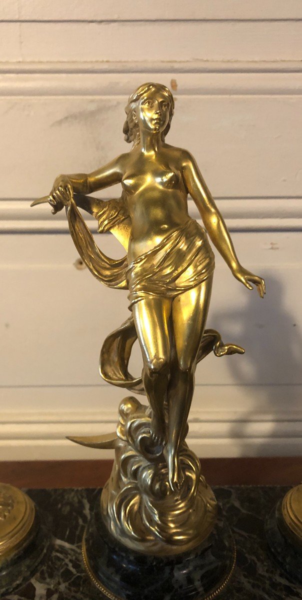 "Diane Chasseresse" Encrier En Bronze Doré Signé J Guillot -photo-2