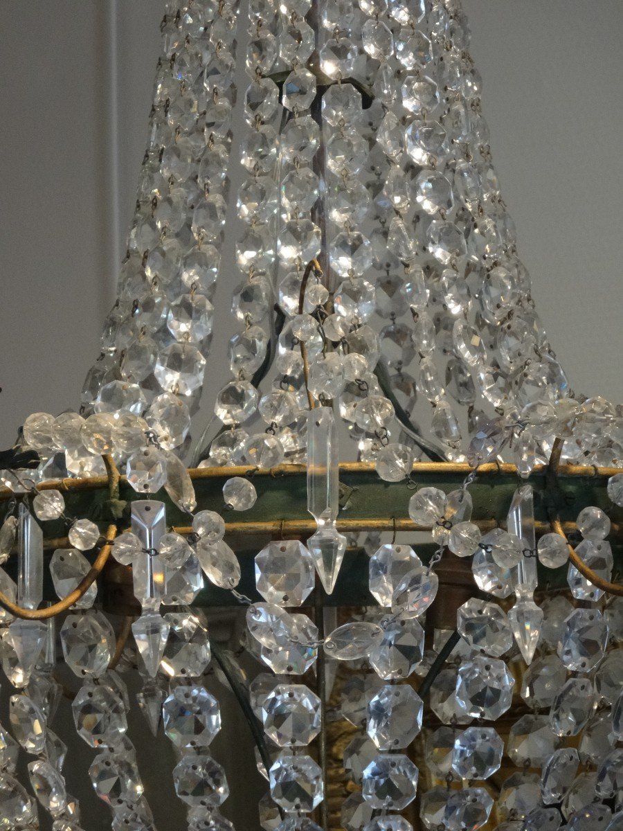 Lustre Montgolfière De Style Directoire En Tôle Peinte, Verre Et Cristal-photo-3