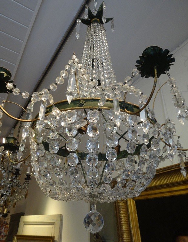 Lustre Montgolfière De Style Directoire En Tôle Peinte, Verre Et Cristal-photo-4