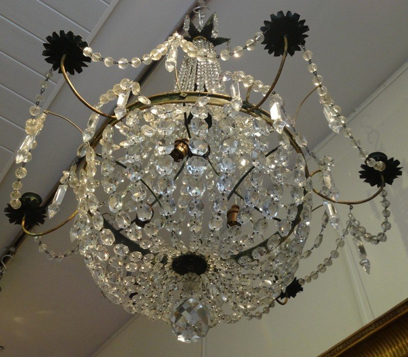 Lustre Montgolfière De Style Directoire En Tôle Peinte, Verre Et Cristal-photo-5