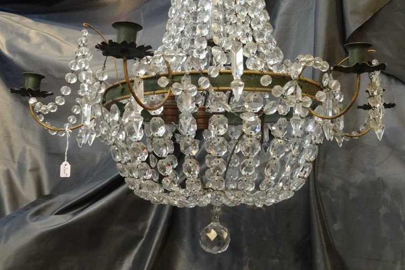 Lustre Montgolfière De Style Directoire En Tôle Peinte, Verre Et Cristal-photo-6