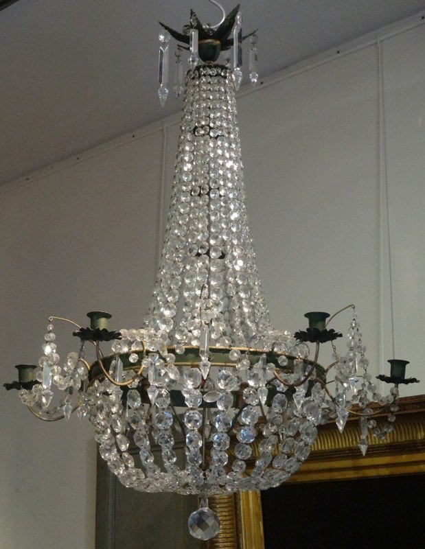 Lustre Montgolfière De Style Directoire En Tôle Peinte, Verre Et Cristal