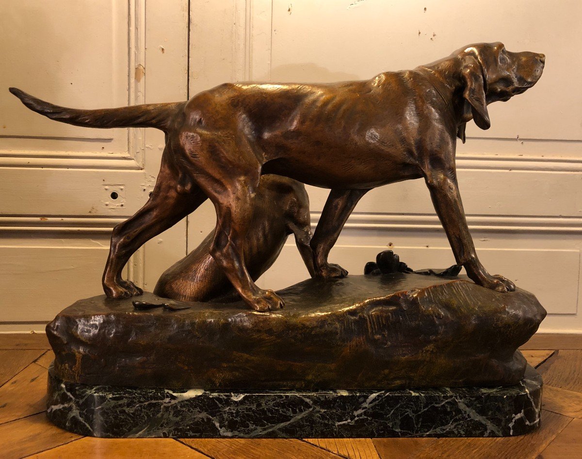 Bronze Couple De Chiens Braque Signé L Bureau XIX° Siècle -photo-5