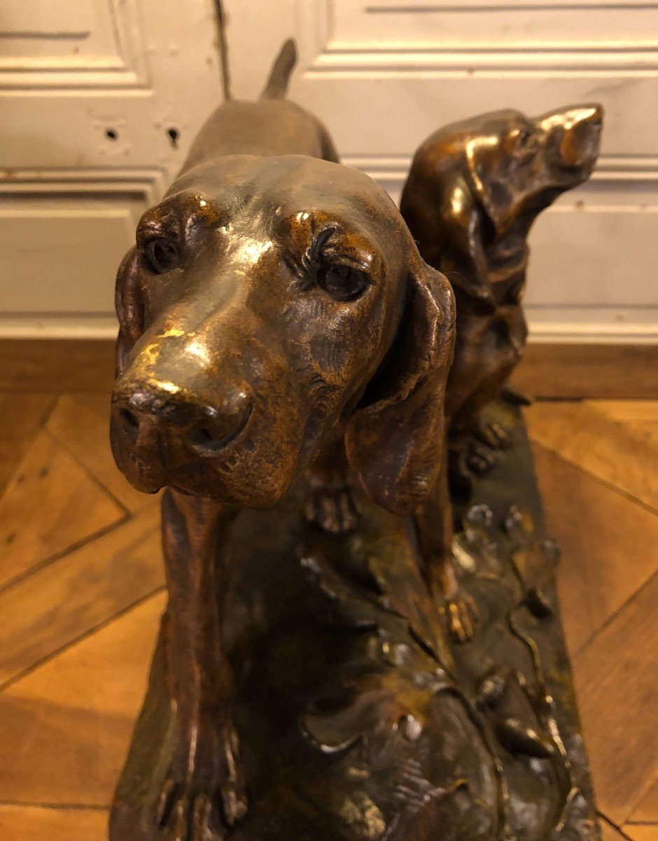 Bronze Couple De Chiens Braque Signé L Bureau XIX° Siècle -photo-7