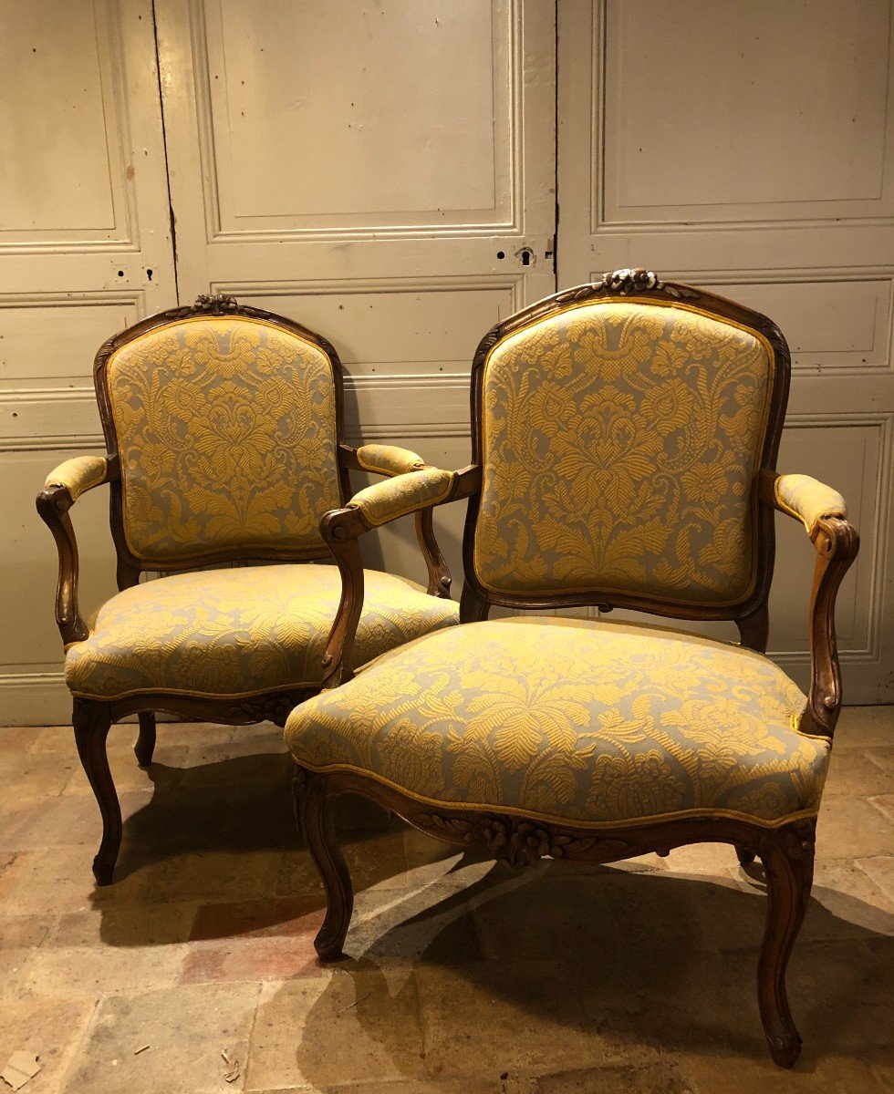 Pair Of Louis XV Armchairs In Walnut, 18th Century