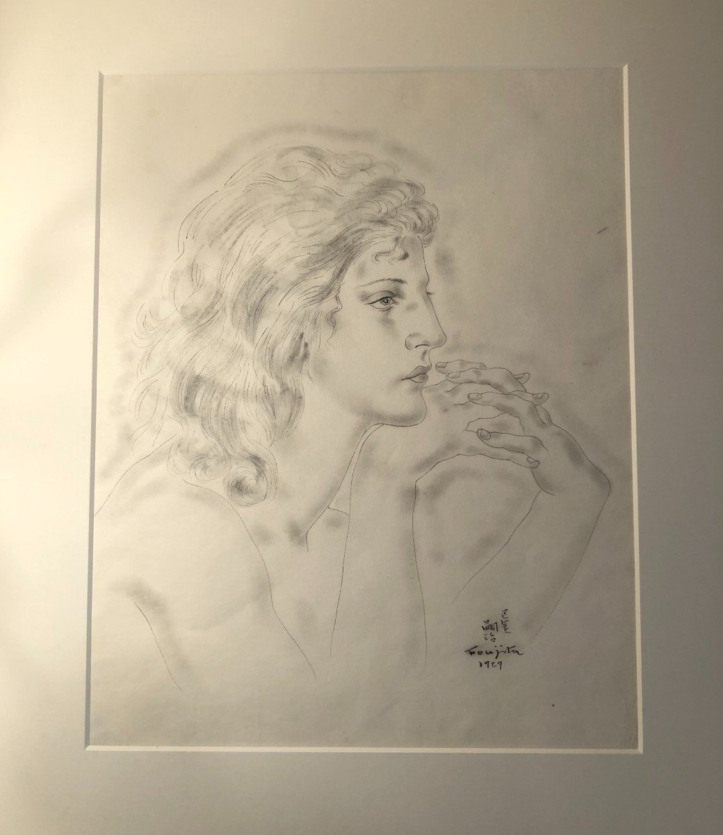 Dessin Profil De Jeune Femme "jacqueline" Signée Foujita Et Daté 1929-photo-2