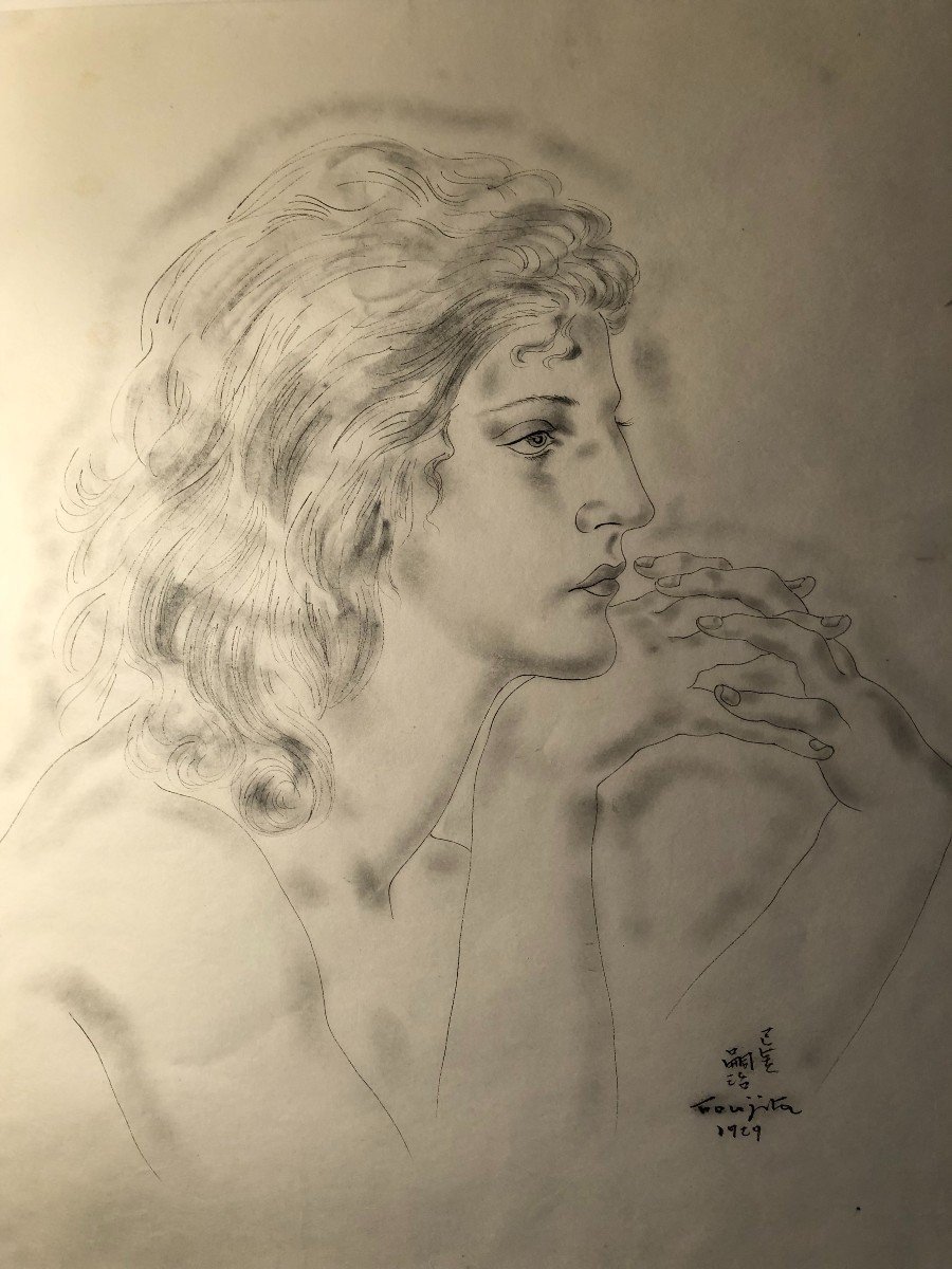 Dessin Profil De Jeune Femme "jacqueline" Signée Foujita Et Daté 1929-photo-3