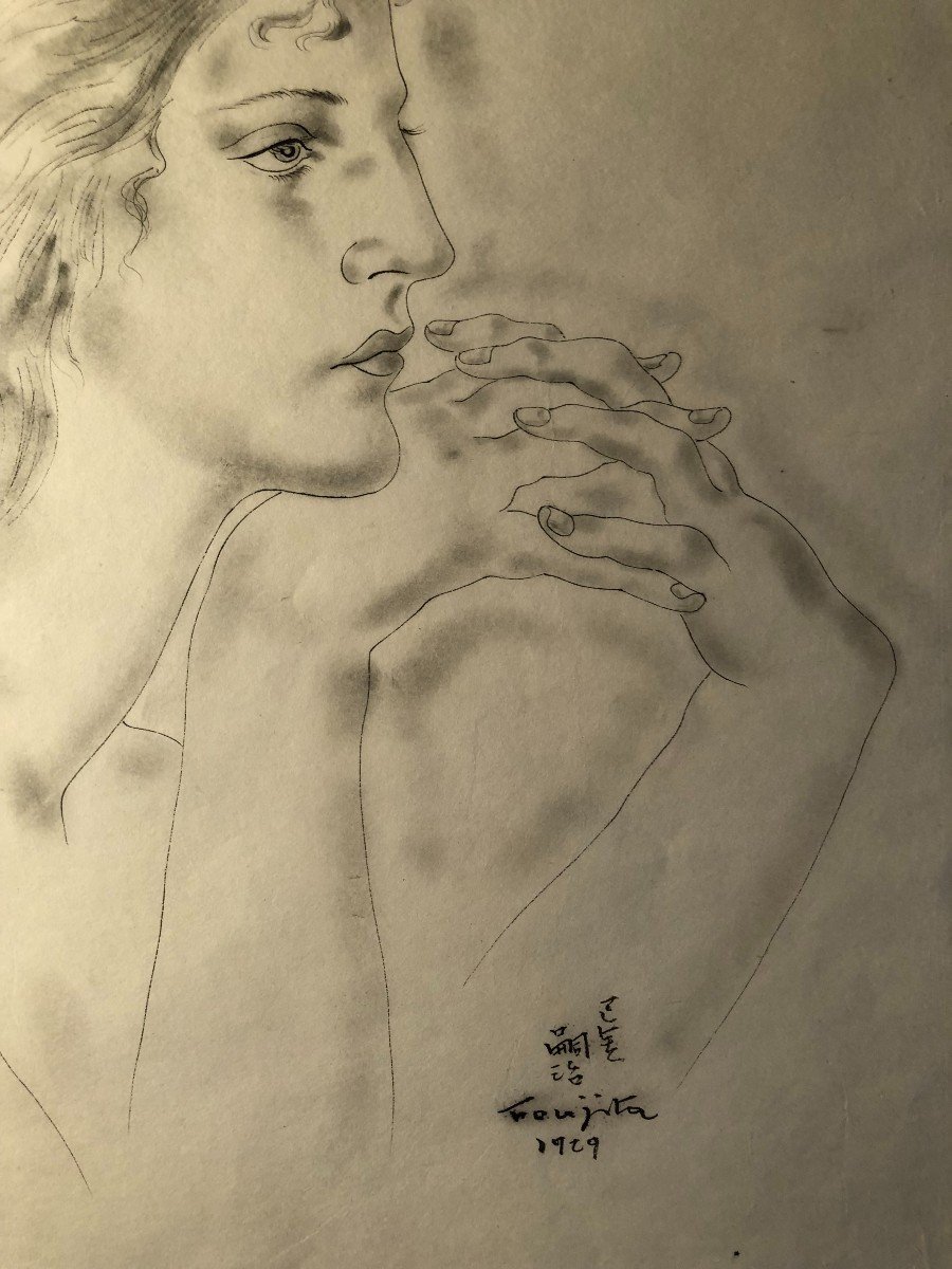 Dessin Profil De Jeune Femme "jacqueline" Signée Foujita Et Daté 1929-photo-1