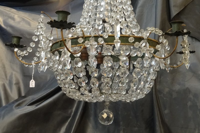 Lustre Montgolfière De Style Directoire En Tôle Peinte, Verre Et Cristal -photo-5