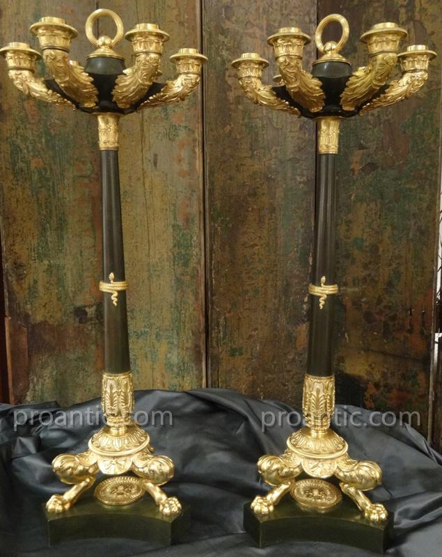 Pair Of Candlesticks Empire Gilt Bronze And Patina, XIX Century